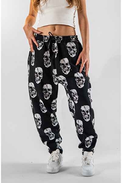 Superbluemexico Women's Skull Patterned Jacquard Baguette Pants