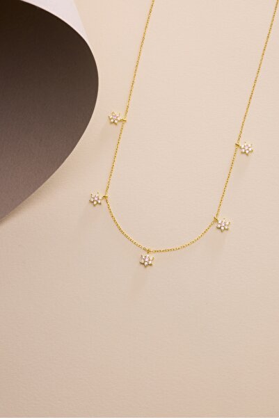 Nereze 925 Ayar Gümüş Gold Kaplama Pembe Taşlı Minimal Çiçek Şans Kolye