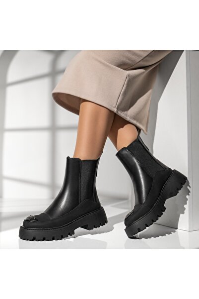 Modlet.ro Ghete de damă din piele neagră cu inserții elastice MOD14062