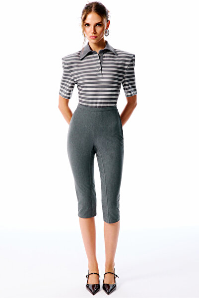 Love On Friday COLETTA Çizgili Polo Yaka Body (Gri Krem Çizgili)