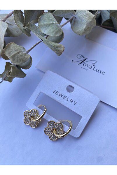 Tasarım Yonca Halka Taşlıı Çelik Küpe