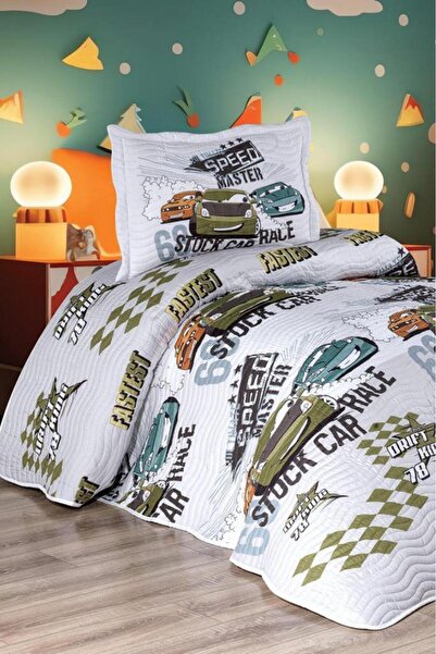 Çeyiz Diyarı Oto Show Baskılı Kapitoneli Tek Kişilik Yatak Örtüsü Yeşil