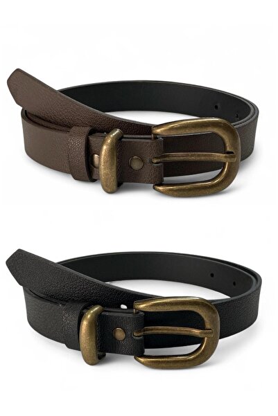 Gesa Kadın Antik Kaplama Tokalı siyah-kahve 2'li set kemer