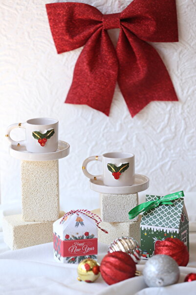 MERVEOKTAYSERAMİK 2'li El yapımı kokinalı yılbaşı desenli 24k altın detaylı seramik türk kahvesi fincanı