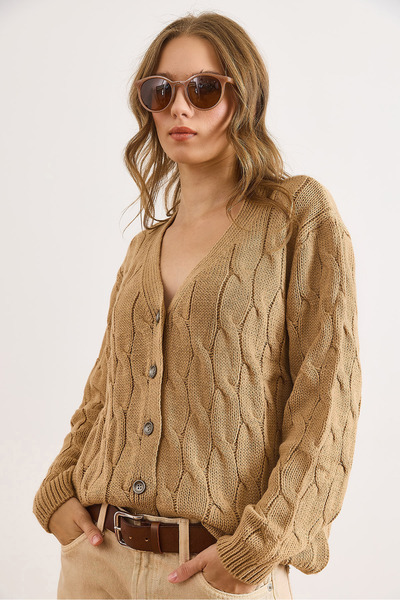 Olalook Kadın Camel Saç Örgülü Triko Hırka HRK-19000298