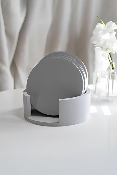 betonmall طقم قواعد أكواب وحامل من 4 قطع باللون الرمادي الخرساني |   مجموعة قواعد طاولات خرسانية زخرفية بتصميم عصري بسيط