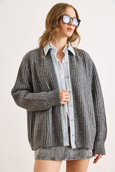 Olalook Kadın Füme Denim Detaylı Çıtçıtlı Triko Gömlek Hırka HRK-19000417