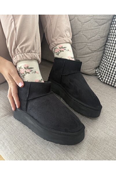 BURCU COLLECTİON FİONA İÇİ KÜRKLÜ KALIN TABAN SİYAH SÜET KADIN BOT