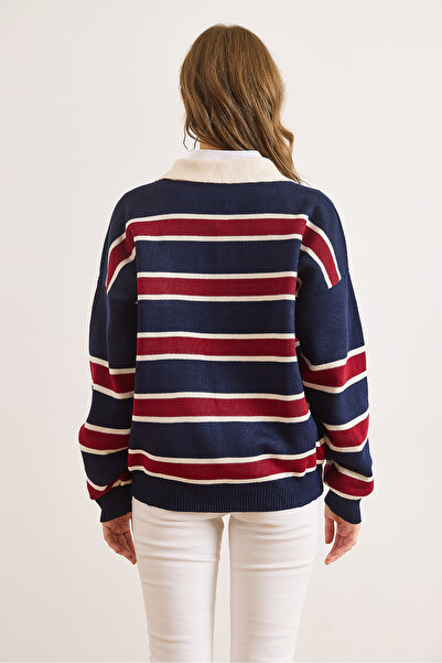 Olalook Kadın Lacivert Bordo Polo Yaka Oversize Triko Kazak KZK-19001017