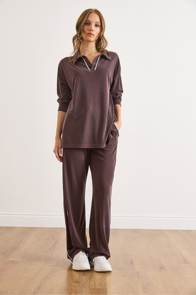 Olalook Kadın Kahverengi Pike Modal Biye Detaylı Dökümlü Alt Üst Takım TKM-19000440