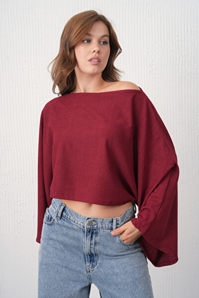 WOMAN VISION Women's Wide Collar Batwing Sleeve Detail Crop Burgundy Blouse 13988