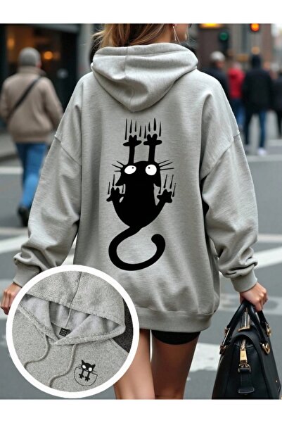 AFROGİYİM Women's Cute Cat Printed 2 Thread Ruched Hooded Sweatshirt