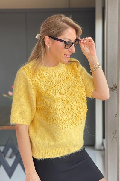 MİSLİNA BUTİK Pul Payetli Sarı Yün Kazak