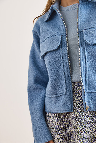 Olalook Kadın Mavi Fermuarlı Cepli Astarsız Kaşe Ceket CKT-19000482