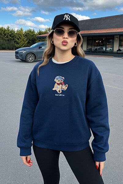 Fashion Friends Oversize Crew Neck Embroidered Sweatshirt Navy Blue