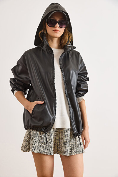 Olalook Kadın Siyah İçi Kadife Astarsız Kapüşonlu Suni Deri Ceket CKT-19000478