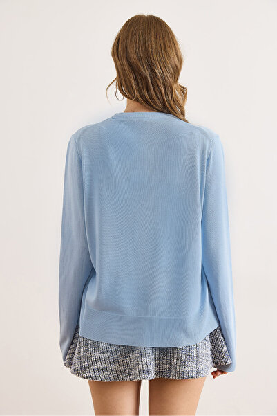 Olalook Pulover de tricotat subțire, de bază, din viscoză, albastru bebeluș, cu gâtul rotund, pentru femei KZK-19001012