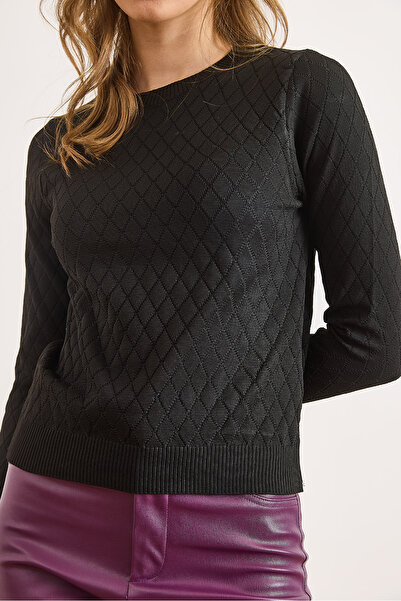 Olalook Women's Black Diamond Patterned Seasonal Knitwear Blouse Blz-19002885