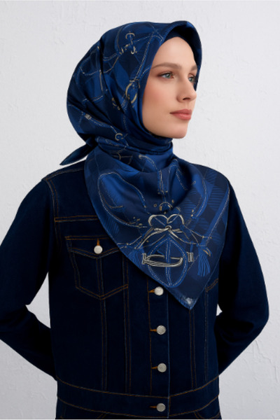 Belli Tivil Чистий шовковий шарф 4206 - 86 Синій картатий візерунок