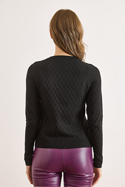 Olalook Women's Black Diamond Patterned Seasonal Knitwear Blouse Blz-19002885