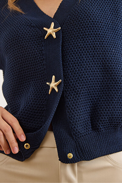 Olalook Women's Navy Blue Tight Knit Button Detailed Snap Closure Crop Knit Vest Ylk-19000090