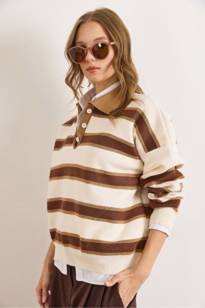 Olalook Kadın Taş Kahve Polo Yaka Oversize Triko Kazak KZK-19001017