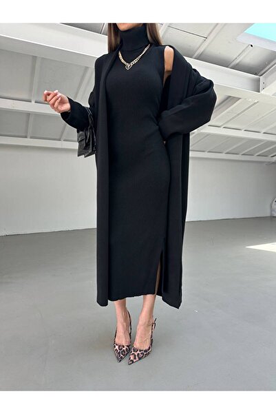 Gallogi Set de 2 piese pentru femei, negru, cu mâneci zero, tricotaje, cardigan