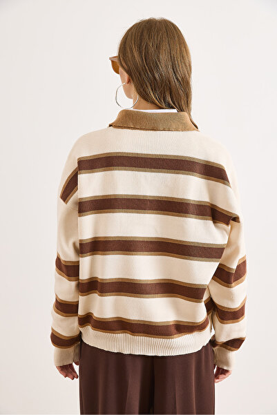 Olalook Kadın Taş Kahve Polo Yaka Oversize Triko Kazak KZK-19001017