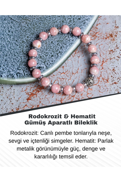 Saff Doğal Taş سوار من الرودوكروزيت والهيماتيت مع جهاز فضي