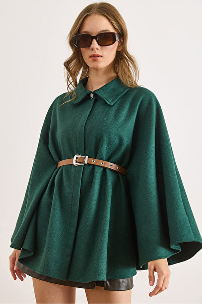 Olalook Women's Emerald Green Belted Cashmere Poncho Cardigan Hrk-19000339