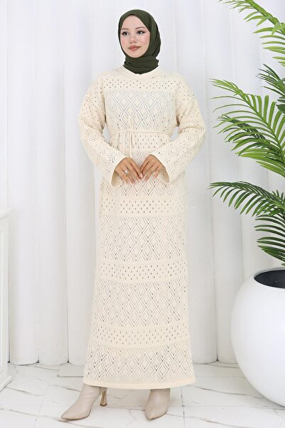 hafsamina Φόρεμα με επένδυση με κορδόνια δαντελωτή πλέξη Μπεζ HM2840