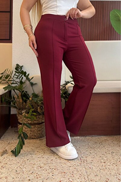Butik Nilyam Women's Plus Size Pants Crepe Fabric Lycra Pocketless Spanish Leg Trousers 25030