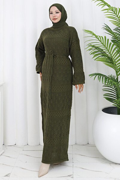 hafsamina Φόρεμα με επένδυση με κορδόνια δαντελωτή πλέξη Χακί HM2840