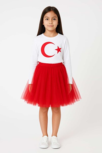 kidsense Kız Çocuk Kırmızı ve Beyaz Renk Düz Tütü Etek