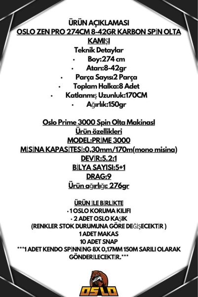 Oslo Zen Pro 274cm 8-42gr Prime 3000 Spin Olta Seti