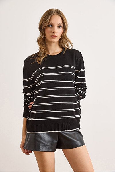 Olalook Pulover de tricotat subțire, negru, din viscoză, cu decolteu, cu dungi, pentru femei KZK-19001011