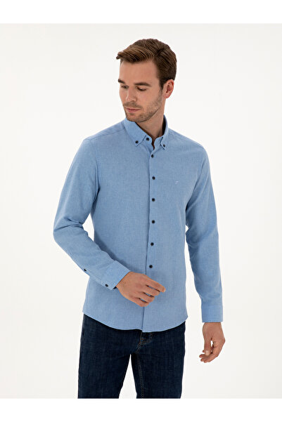 Cacharel Açık Mavi Slim Fit Pamuk Karışımlı Yakası Düğmeli Flanel Gömlek 50318243-VR003