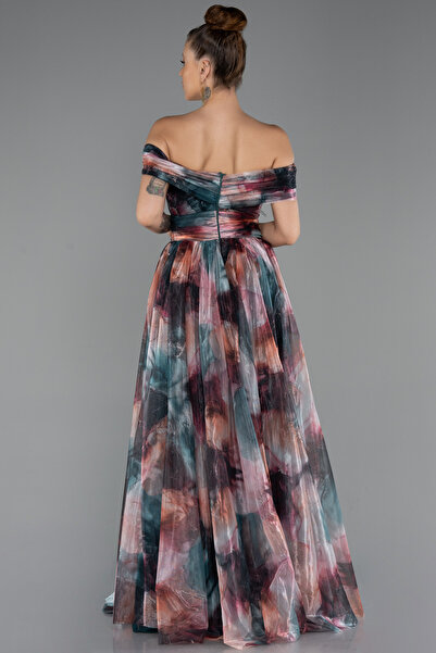 Abiyefon Soğan Kabuğu Kayık Yaka Uzun Empirme Abiye Elbise ABU5262