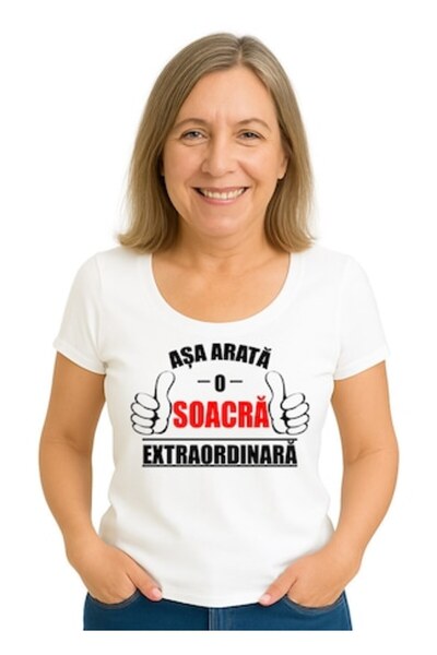 OEM Tricou de damă cu textul O SOACRĂ extraordinară, 100% bumbac, alb