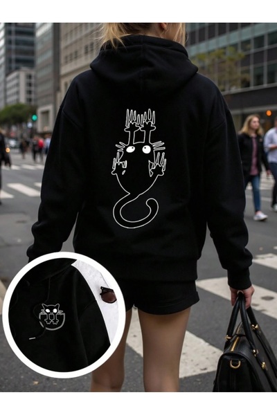 AFROGİYİM Hanorac cu glugă cu imprimeu cu pisici drăguțe pentru femei