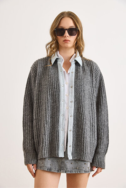 Olalook Kadın Füme Denim Detaylı Çıtçıtlı Triko Gömlek Hırka HRK-19000417
