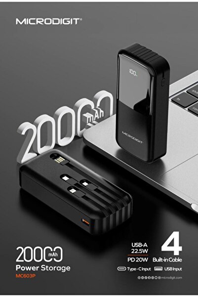 Microdigit 20000mAh Power Bank with 4 Built-in Cables, 22.5W, and Display Compatible with All Devices, Black