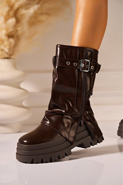 Joana Καφέ Δερμάτινες Μπότες με Πλατφόρμα - Μοντέρνο Στυλ