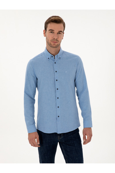 Cacharel Açık Mavi Slim Fit Pamuk Karışımlı Yakası Düğmeli Flanel Gömlek 50318243-VR003