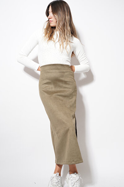 Himushe Fusta de damă din piele intoarsa cu fantă kaki