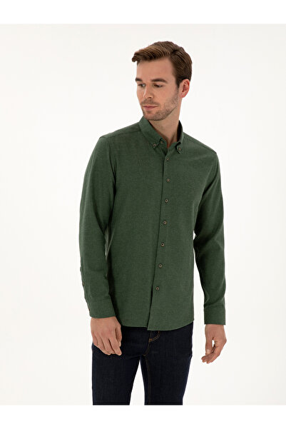 Cacharel Yeşil Slim Fit Pamuk Karışımlı Yakası Düğmeli Flanel Gömlek 50318243-VR054