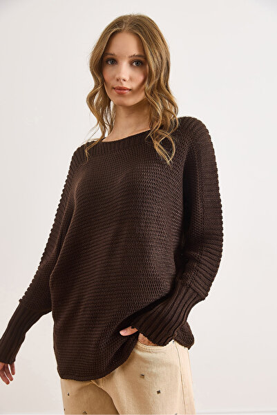 Olalook Women's Brown Sleeve Detailed Honeycomb Knit Sweater Kzk-19000399