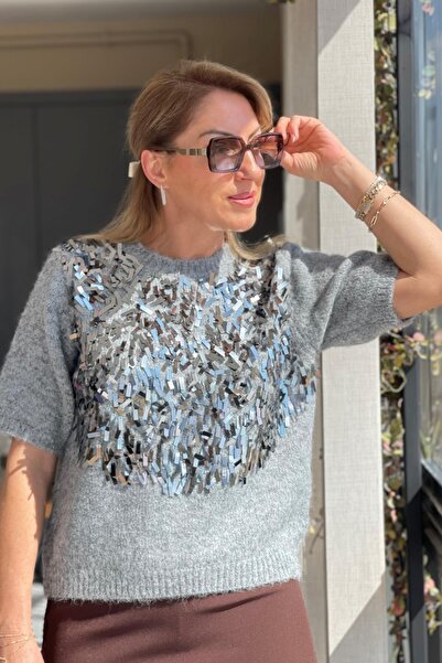 MİSLİNA BUTİK Pul Payetli Gri Yün Kazak