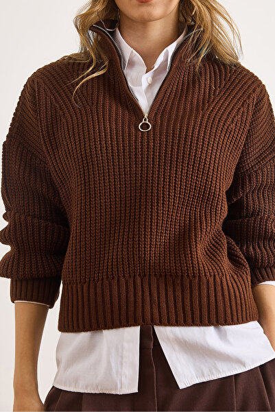 Olalook Women's Brown Stand Collar Zippered Basic Knitwear Sweater Kzk-19001014