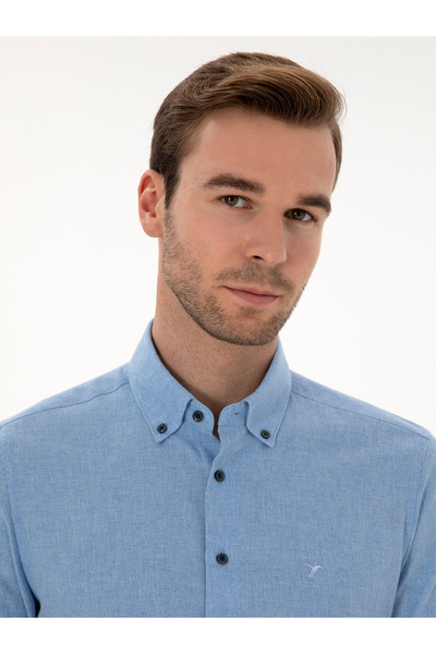 Cacharel Açık Mavi Slim Fit Pamuk Karışımlı Yakası Düğmeli Flanel Gömlek 50318243-VR003